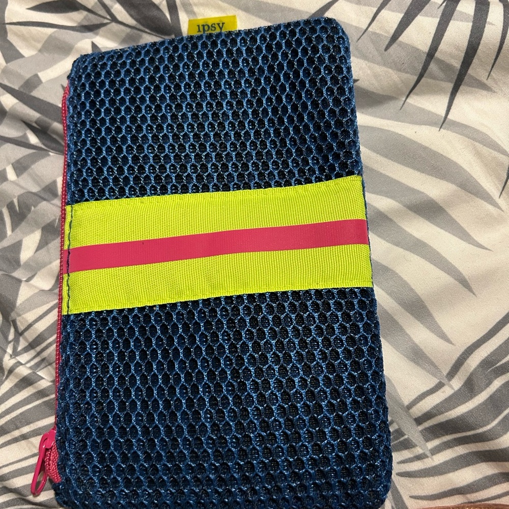 Ipsy Blue and Yellow Travel Bag with Bold Stripes